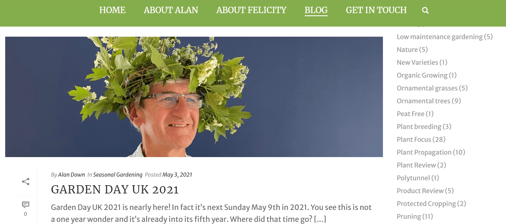 Down To Earth Blog banner with Alan Down wearing a wreath as a hat