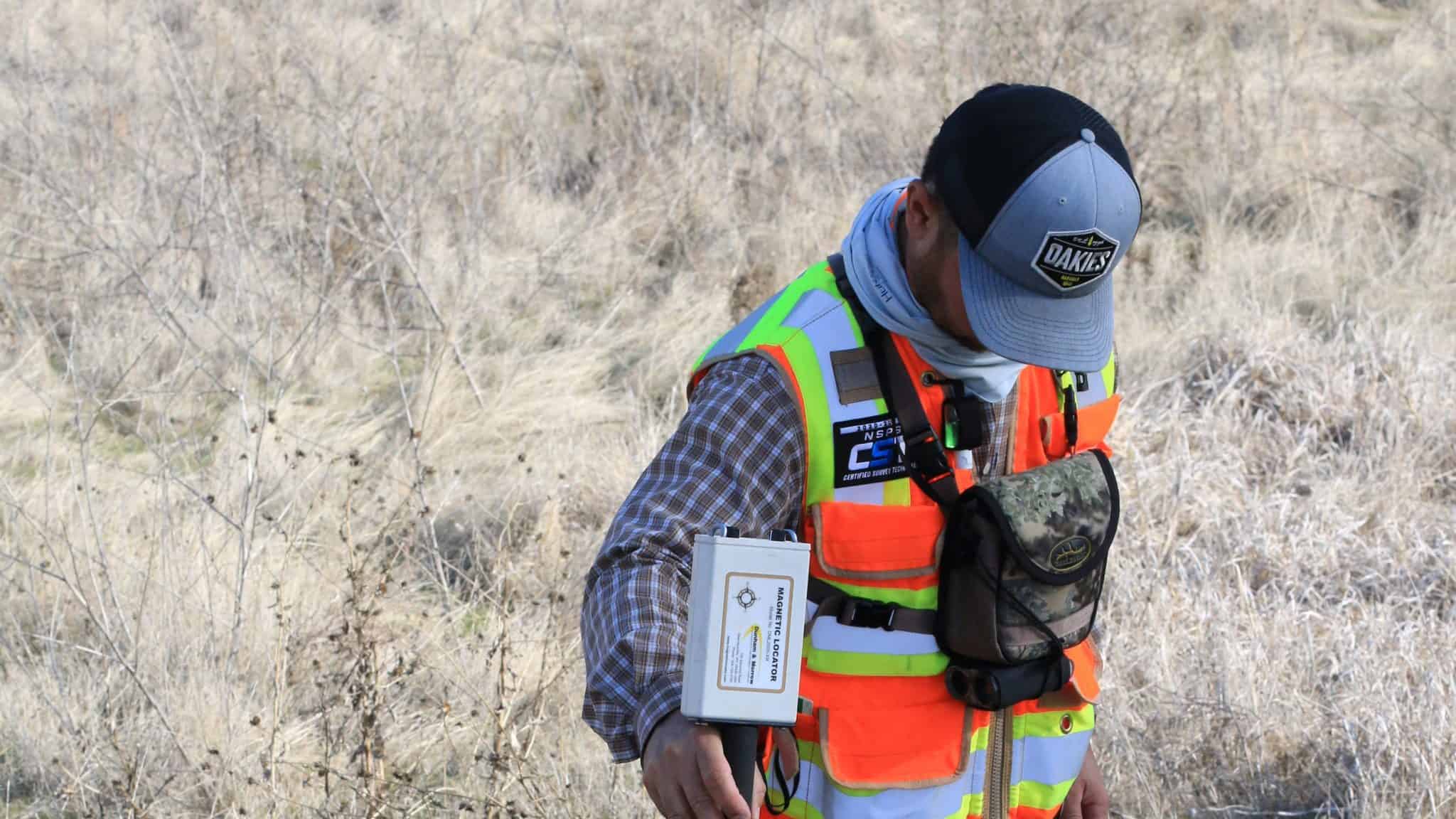 man in UV vest surveying land
